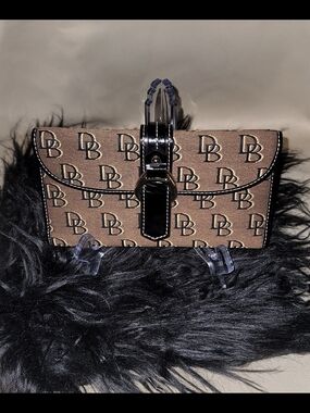Dooney & Bourke Brown Monogram Canvas Clutch with Black Patent Trim